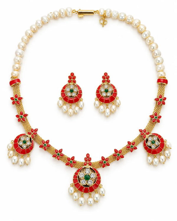 Gold-Tone Red Meenakari Floral Freshwater Pearl Chandbali Necklace & Earrings Set