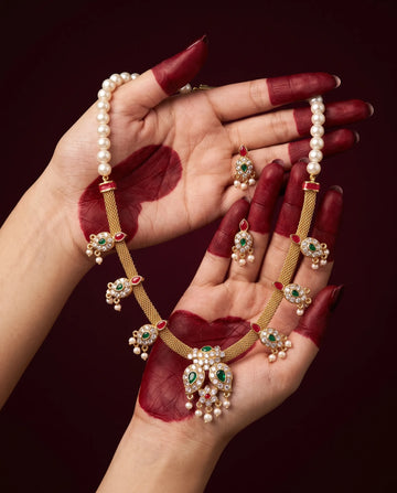 Gold-Tone Red & Green Meenakari Mango Motif Freshwater Pearl Necklace Set