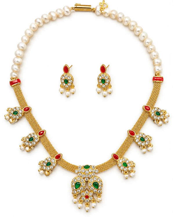 Gold-Tone Red & Green Meenakari Mango Motif Freshwater Pearl Necklace Set