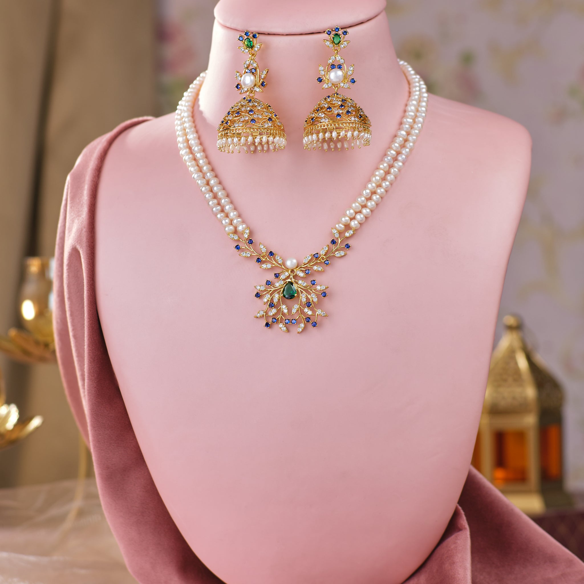 Emerald & Sapphire Beautiful Pearl Bridal Necklace Set