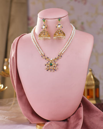 Emerald & Sapphire Beautiful Pearl Bridal Necklace Set