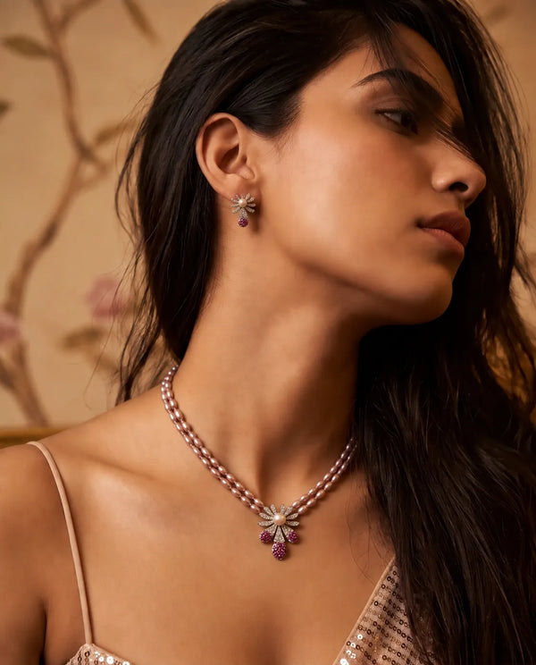Double-Strand Pink Pearl Necklace Set with CZ & Ruby Accents