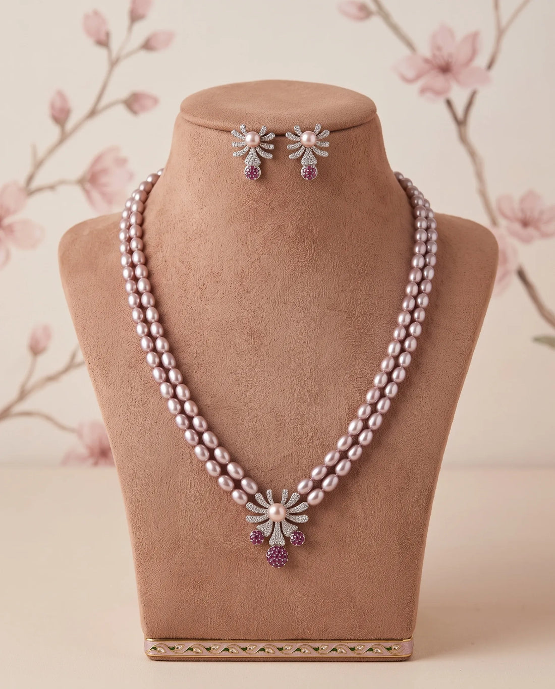 Double-Strand Pink Pearl Necklace Set with CZ & Ruby Accents