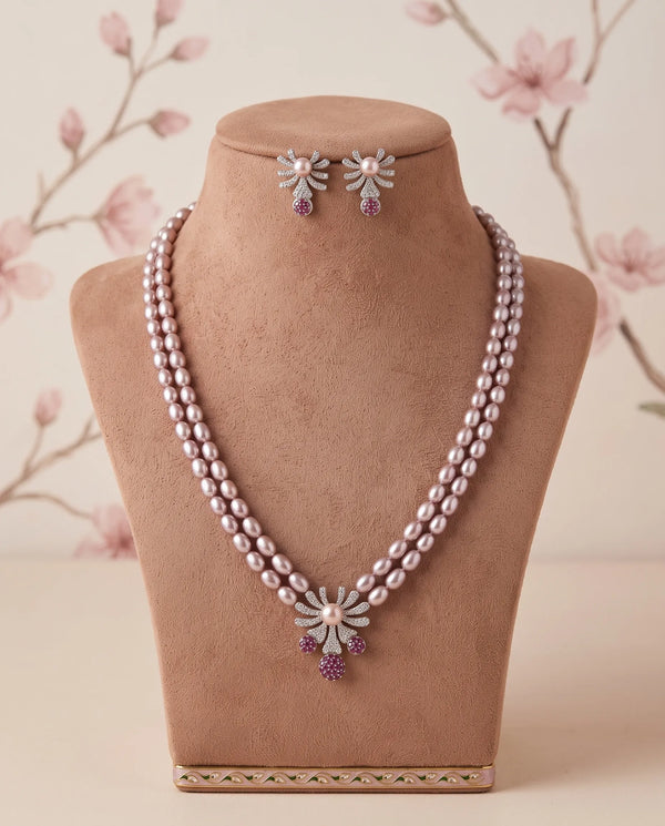 Double-Strand Pink Pearl Necklace Set with CZ & Ruby Accents