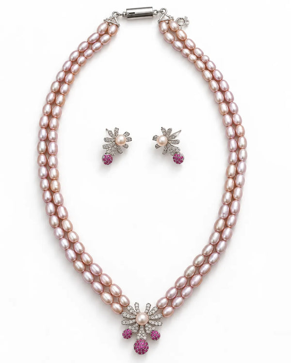 Double-Strand Pink Pearl Necklace Set with CZ & Ruby Accents