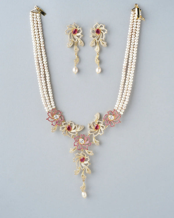 Blushing Floral CZ Pearl Beauty Necklace Set