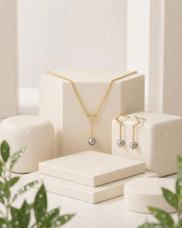 Minimalist Geometric Diamond & Grey Pearl Pendant Necklace Set