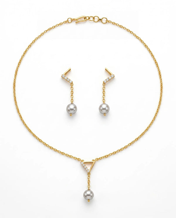 Minimalist Geometric Diamond & Grey Pearl Pendant Necklace Set