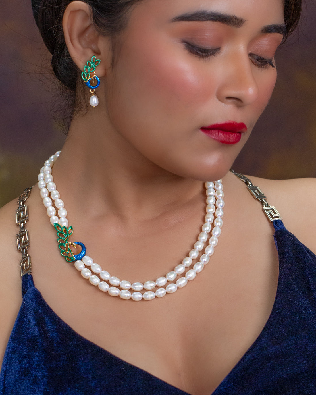 Mayur Pearl Necklace Set with Enamel Accent