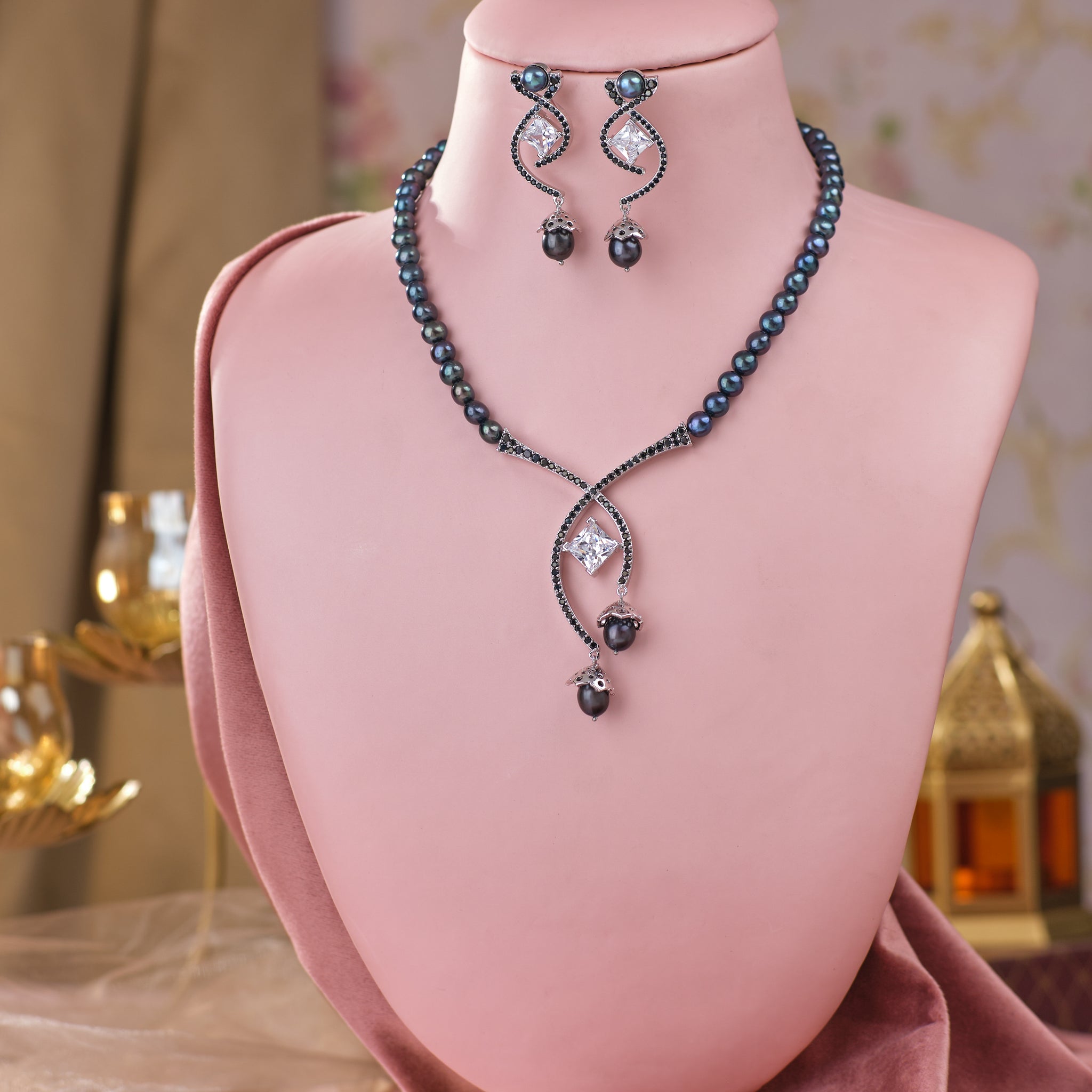 Midnight Black Pearl Crystal Bridal Set