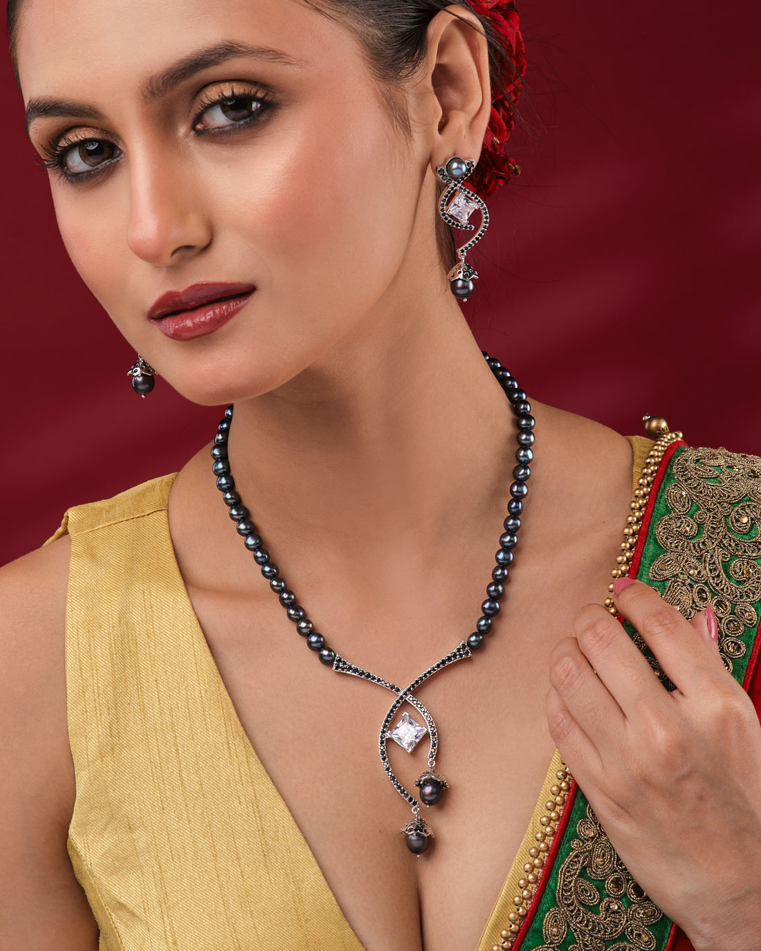 Midnight Black Pearl Crystal Bridal Set