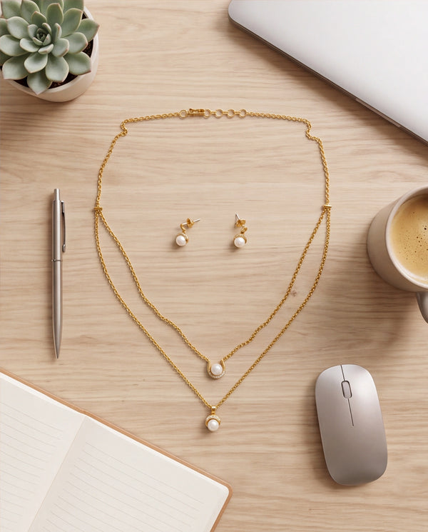 Gold-Toned Layered Pearl Jewelry Set with Cubic Zirconia Accents