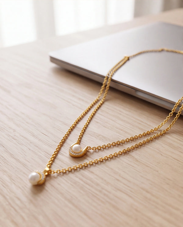 Gold-Toned Layered Pearl Jewelry Set with Cubic Zirconia Accents