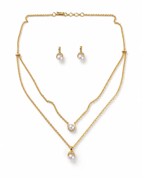 Gold-Toned Layered Pearl Jewelry Set with Cubic Zirconia Accents