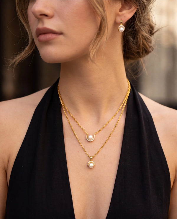 Gold-Toned Layered Pearl Jewelry Set with Cubic Zirconia Accents