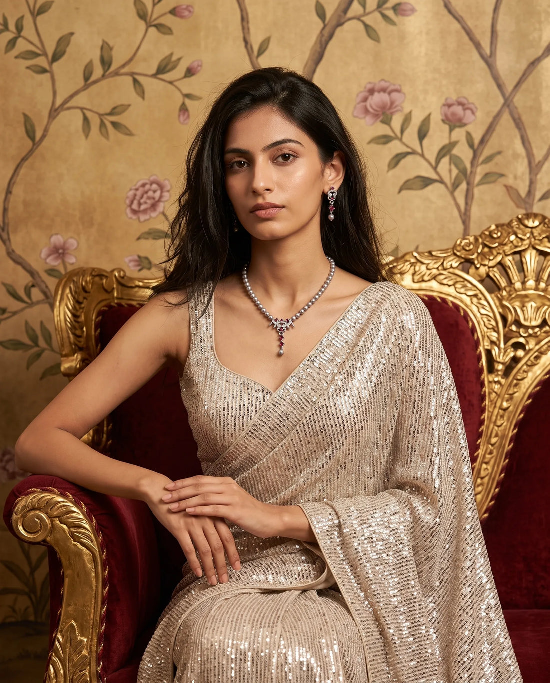 Silver-Tone Ruby-Tone CZ Grey Pearl Strand Jewellery Set