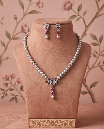 Silver-Tone Ruby-Tone CZ Grey Pearl Strand Jewellery Set