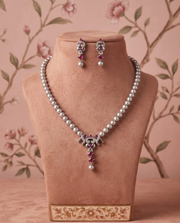 Silver-Tone Ruby-Tone CZ Grey Pearl Strand Jewellery Set