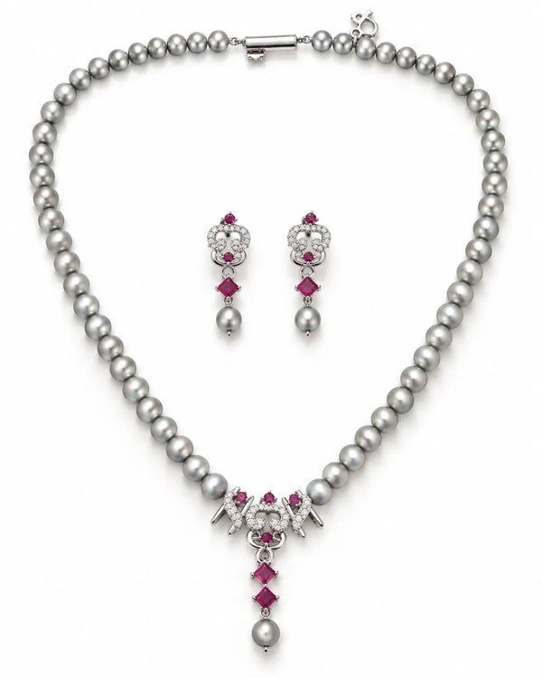 Silver-Tone Ruby-Tone CZ Grey Pearl Strand Jewellery Set