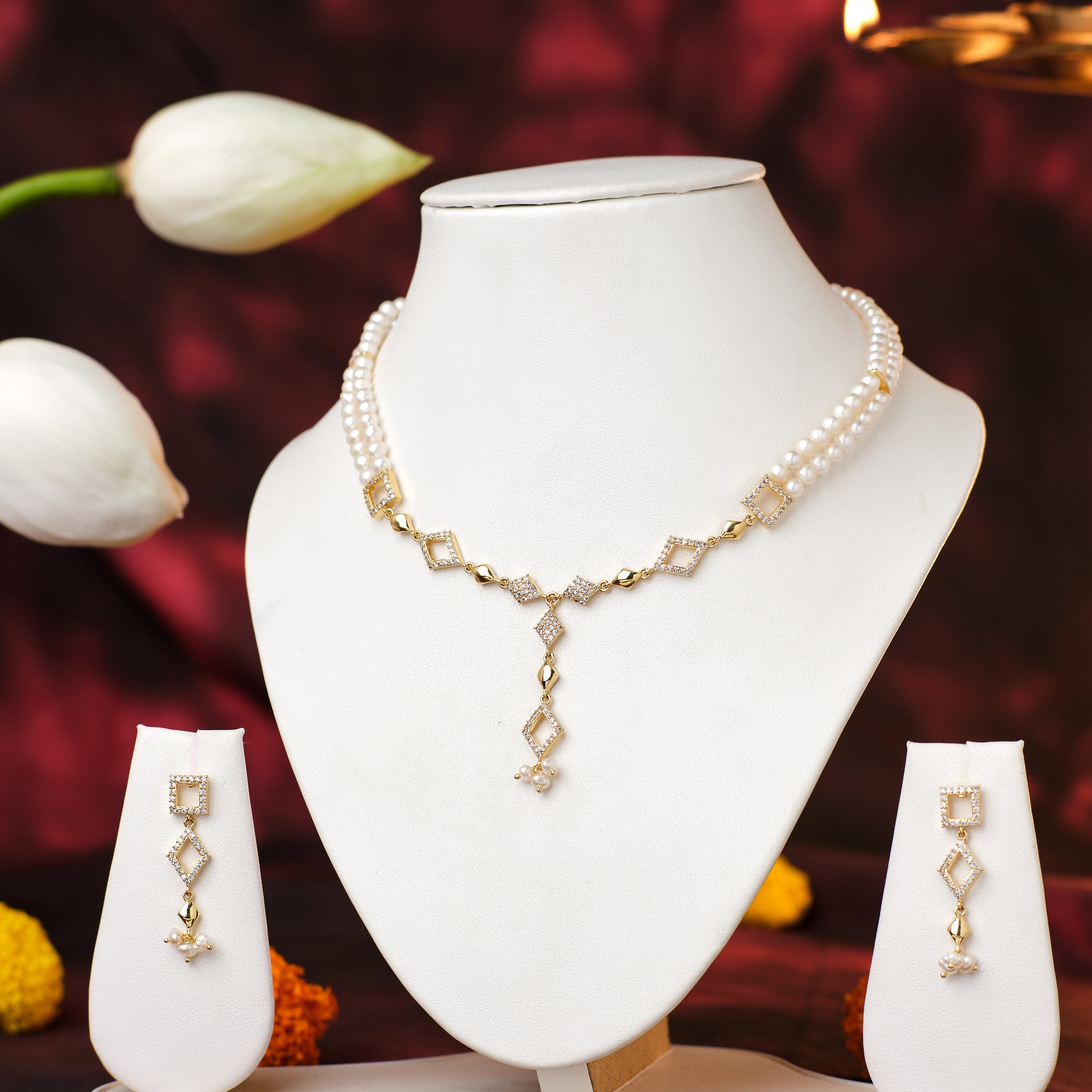 Regal Pearl & Ruby Cluster Set