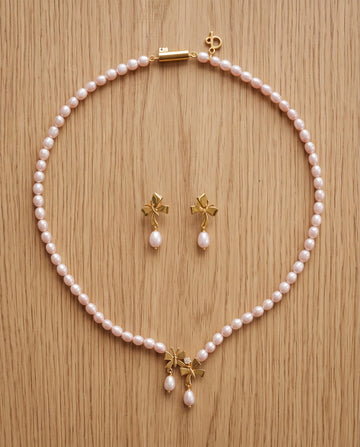 Classic Freshwater Pearl Strand Set with Bow Motifs & Cubic Zirconia Accents
