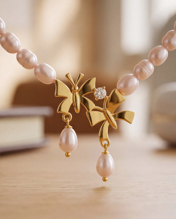 Classic Freshwater Pearl Strand Set with Bow Motifs & Cubic Zirconia Accents
