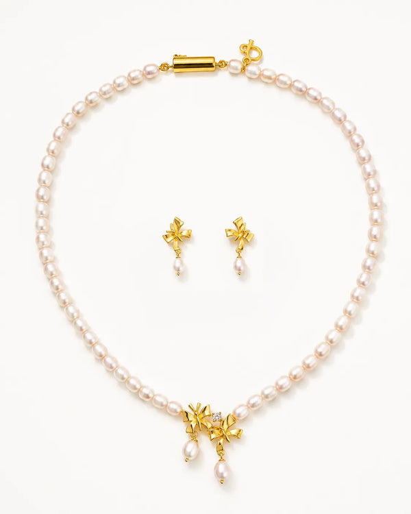 Classic Freshwater Pearl Strand Set with Bow Motifs & Cubic Zirconia Accents