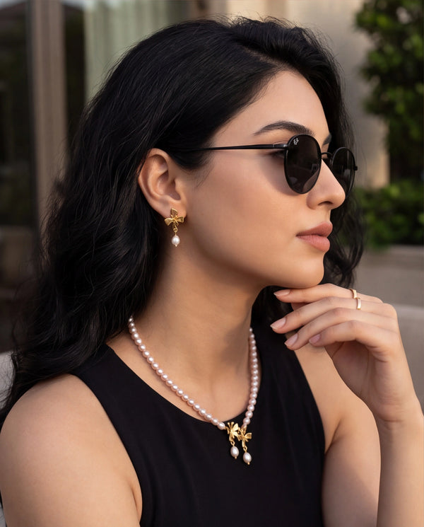 Classic Freshwater Pearl Strand Set with Bow Motifs & Cubic Zirconia Accents