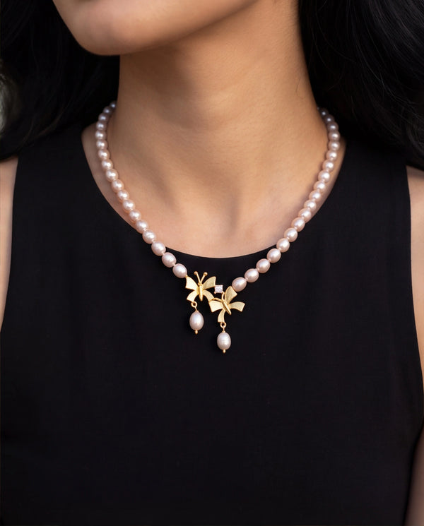 Classic Freshwater Pearl Strand Set with Bow Motifs & Cubic Zirconia Accents