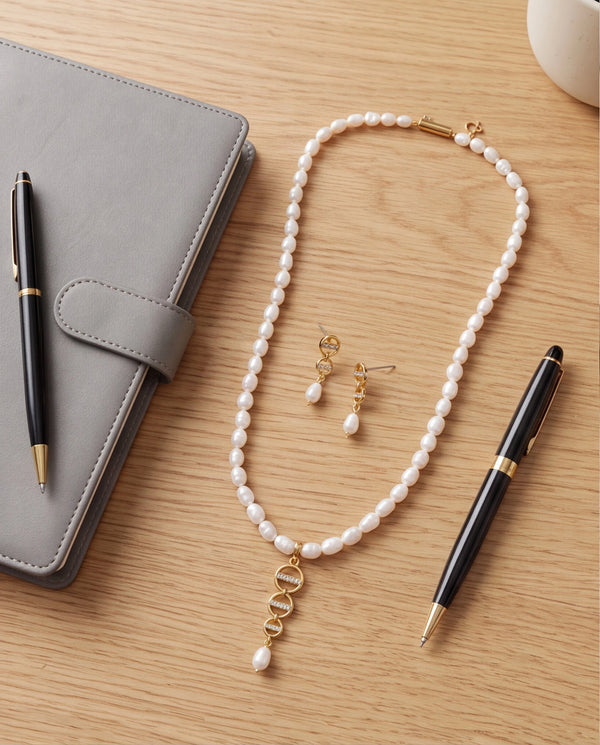 Luminous Freshwater Pearl Necklace & Drop Earrings Set