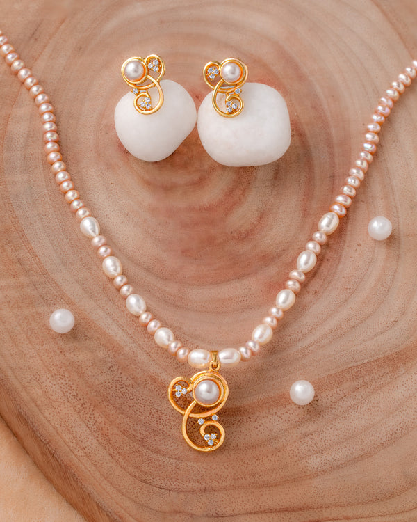 Pink & White Pearl Necklace Set with Gold Swirl Pendant