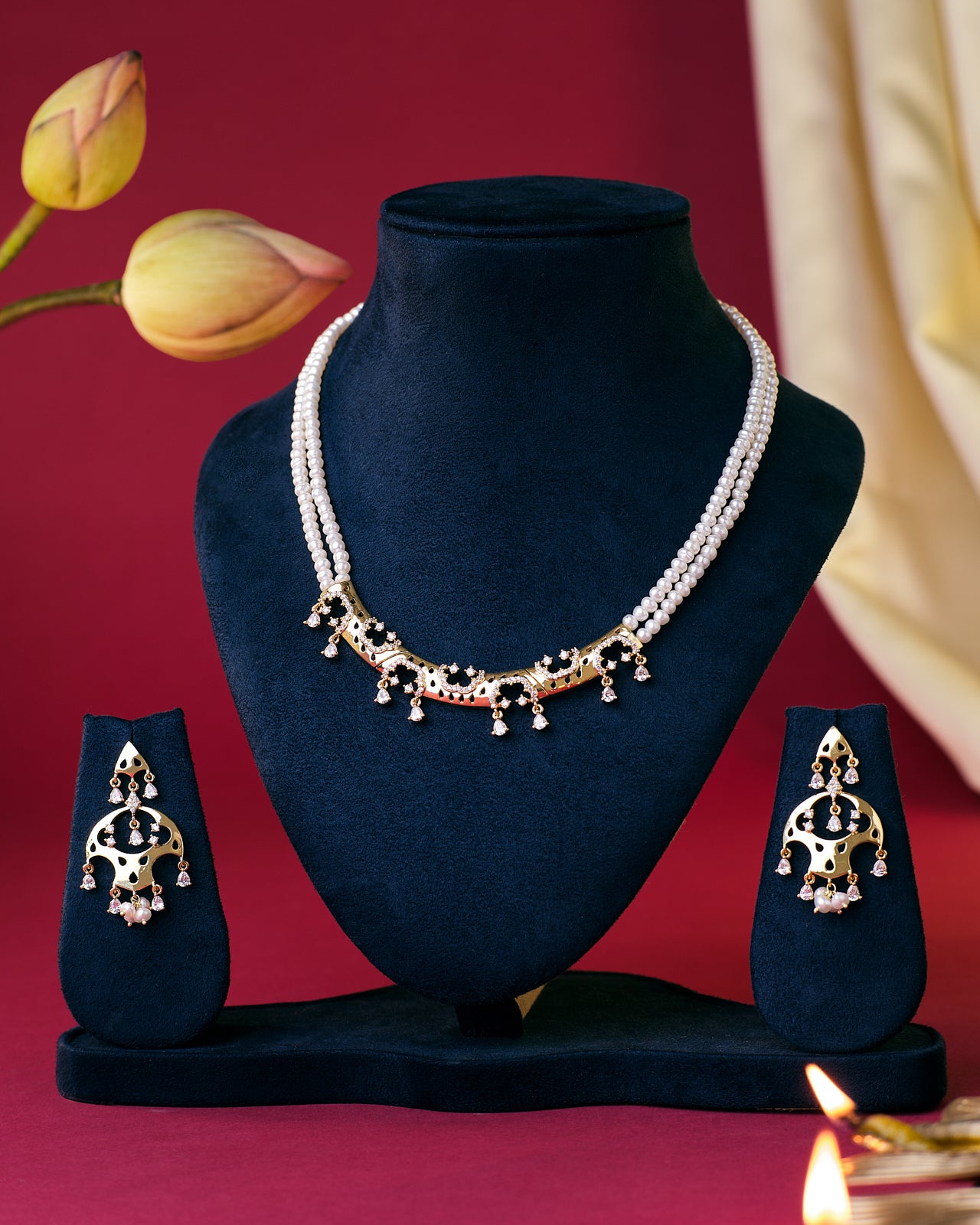 Traditional Dual-Strand Pearl Choker with Gold Motifs and Dangling Pearls