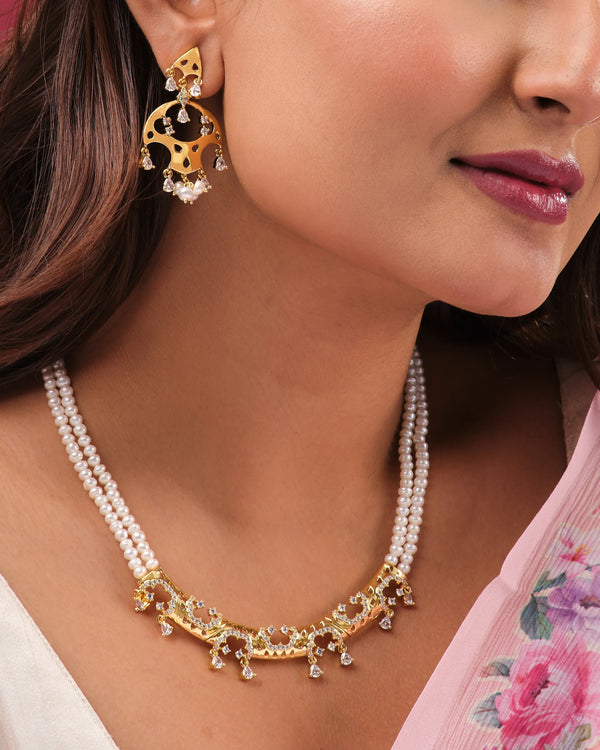 Traditional Dual-Strand Pearl Choker with Gold Motifs and Dangling Pearls