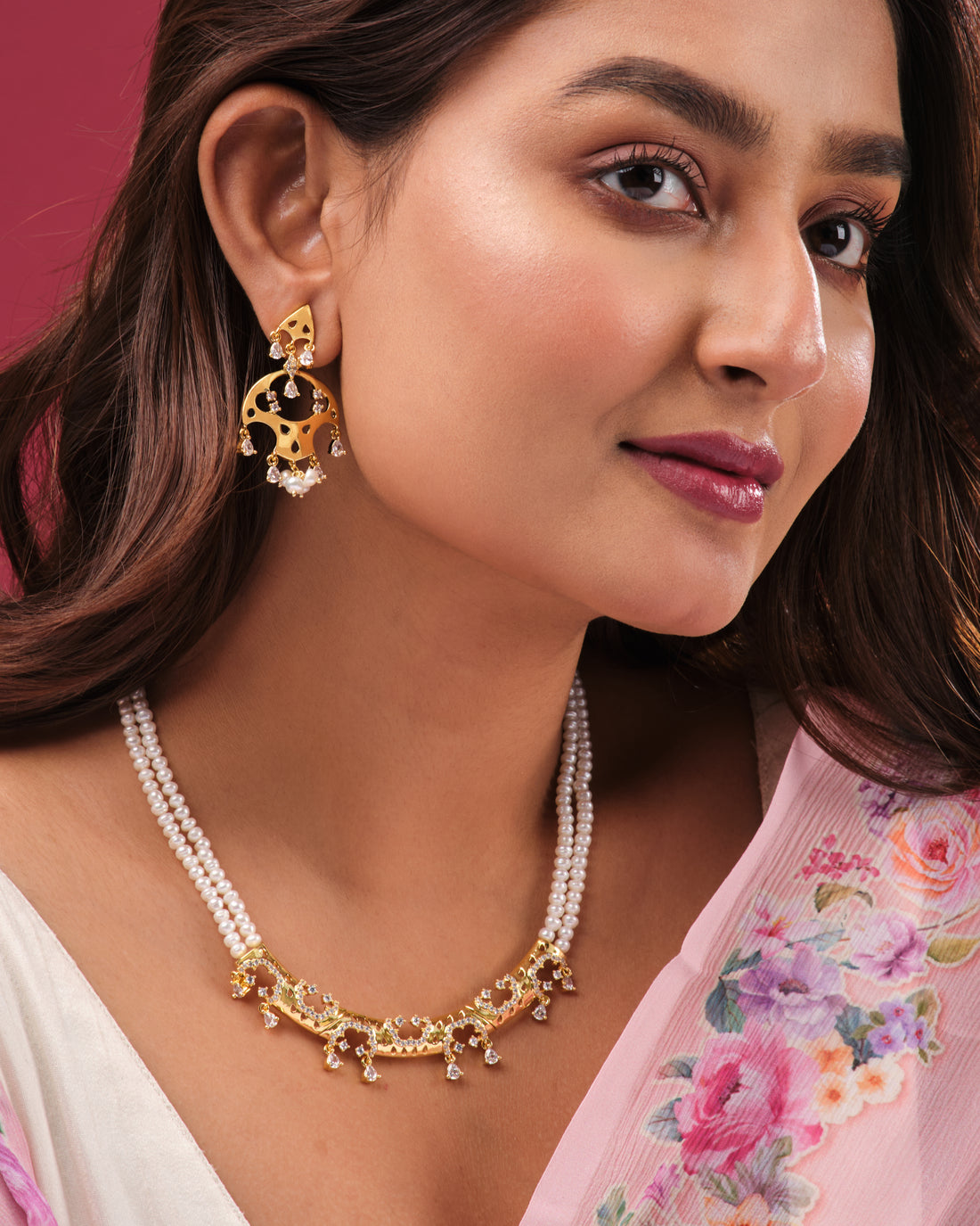 Traditional Dual-Strand Pearl Choker with Gold Motifs and Dangling Pearls