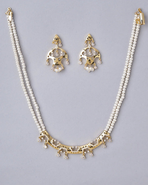 Traditional Dual-Strand Pearl Choker with Gold Motifs and Dangling Pearls