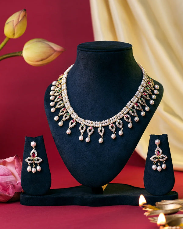 Luxurious Bridal Necklace with Pearls, Ruby Embellishments and Diamond Highlights