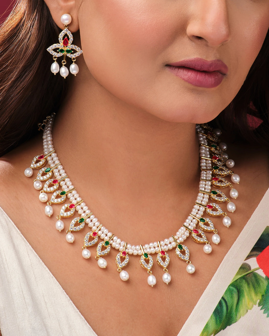 Luxurious Bridal Necklace with Pearls, Ruby Embellishments and Diamond Highlights