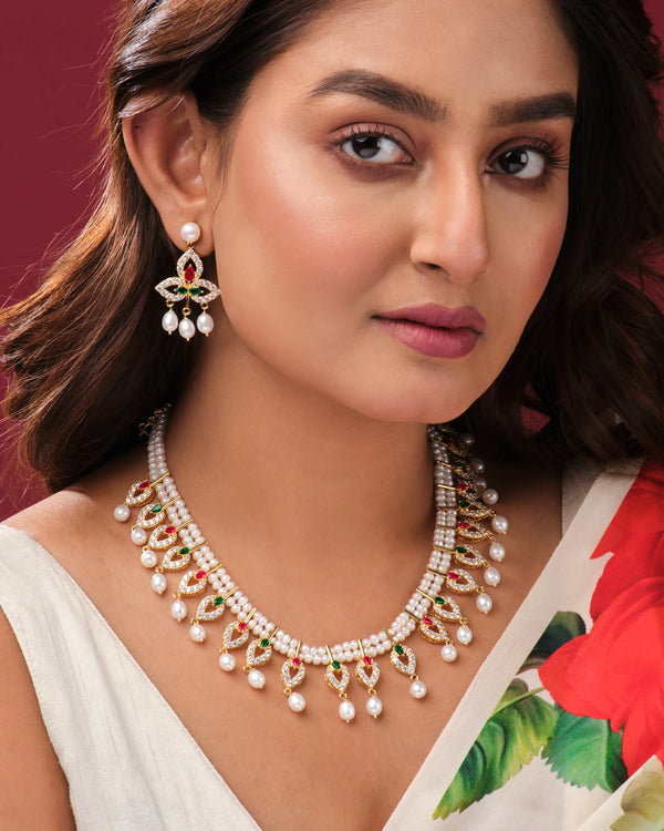 Luxurious Bridal Necklace with Pearls, Ruby Embellishments and Diamond Highlights