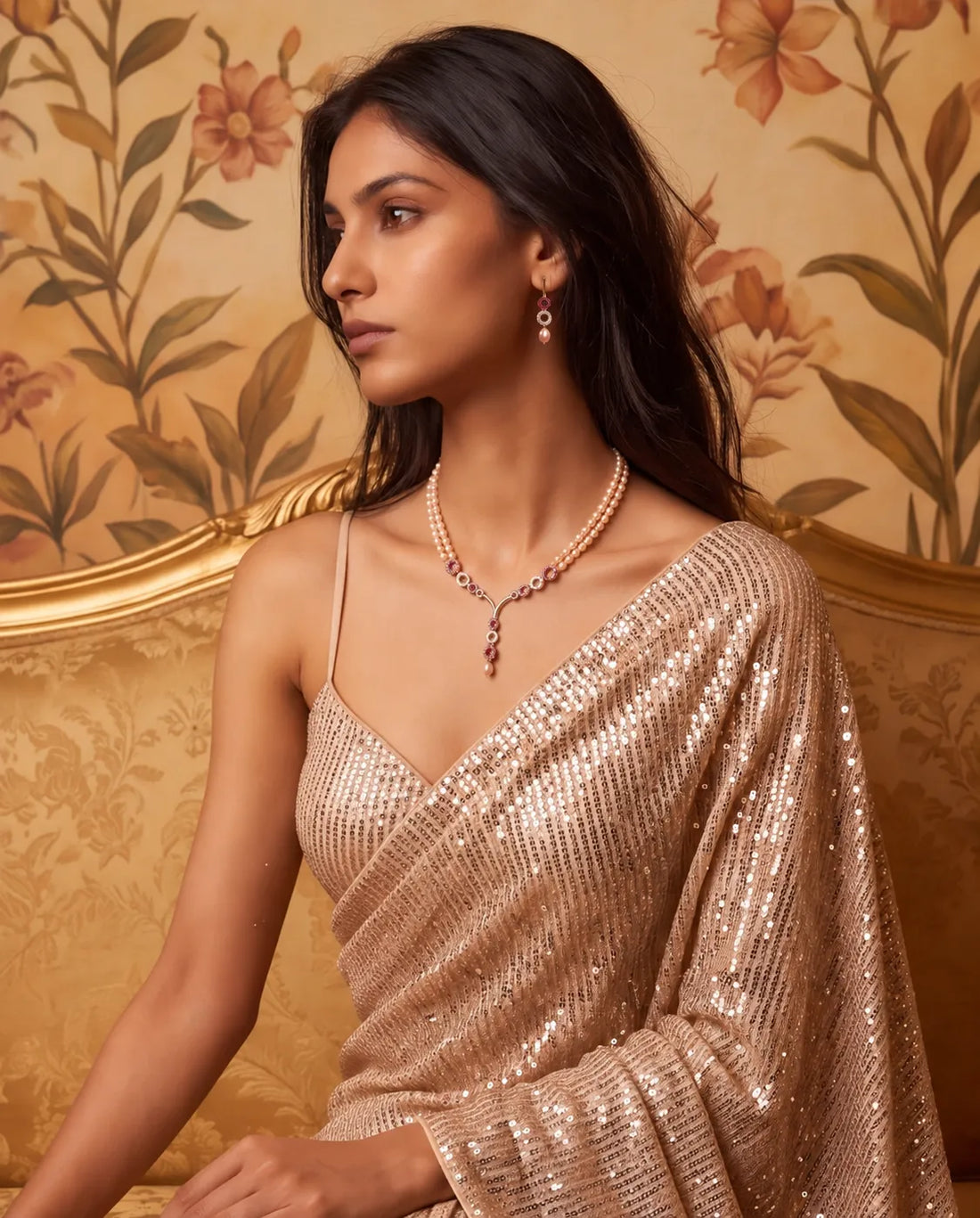 Double-Strand Peach Pearl Necklace Set with Ruby & CZ