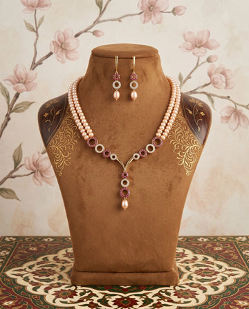 Double-Strand Peach Pearl Necklace Set with Ruby & CZ