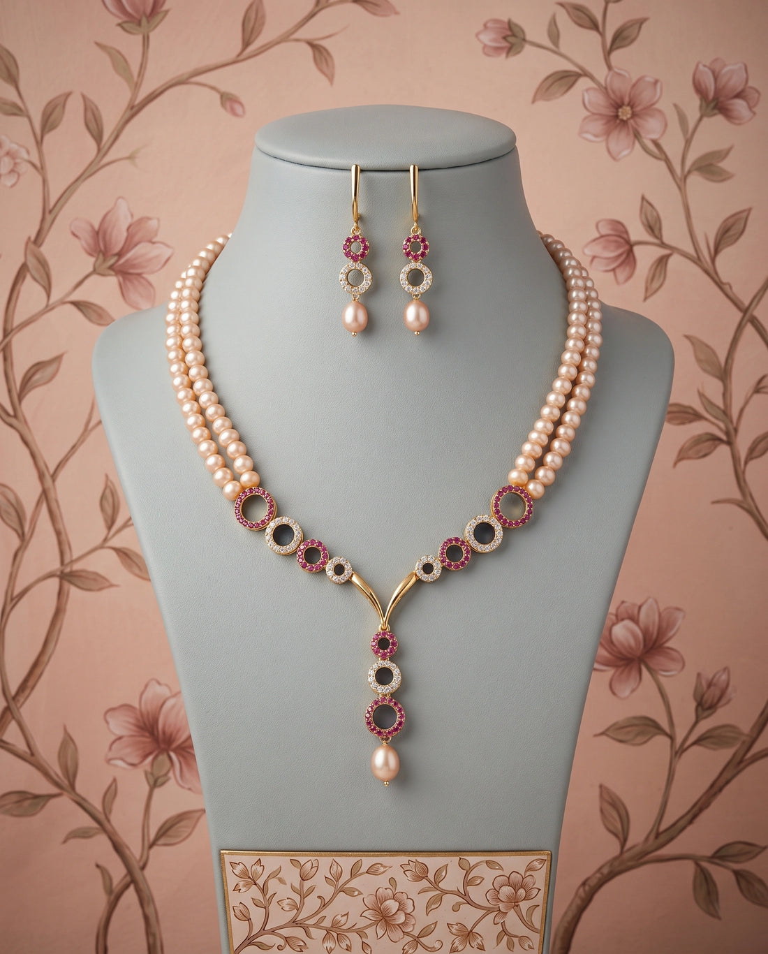 Double-Strand Peach Pearl Necklace Set with Ruby & CZ