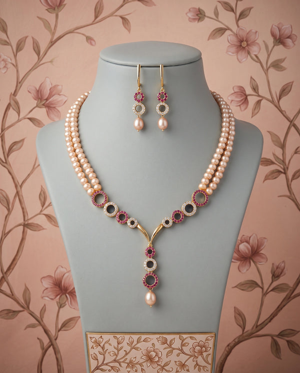 Double-Strand Peach Pearl Necklace Set with Ruby & CZ