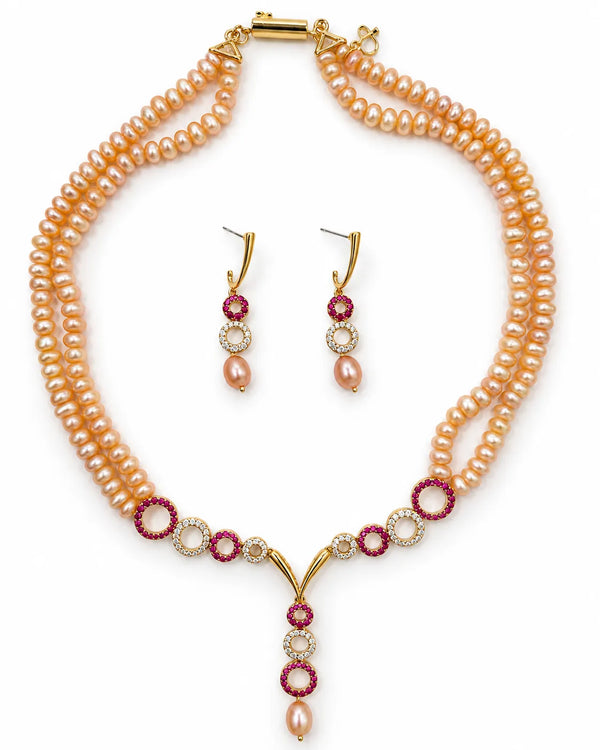 Double-Strand Peach Pearl Necklace Set with Ruby & CZ