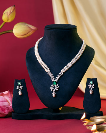 Classic Two-Strand Pearl Necklace with Emerald Pendant & Matching Earrings