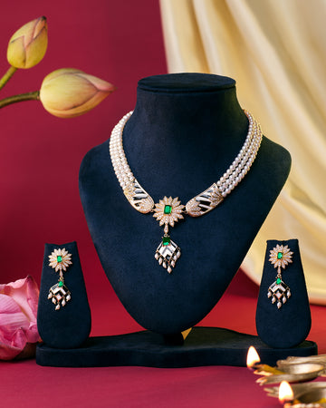 Royal Pearl Necklace with Floral Emerald Centerpiece and Matching Earrings