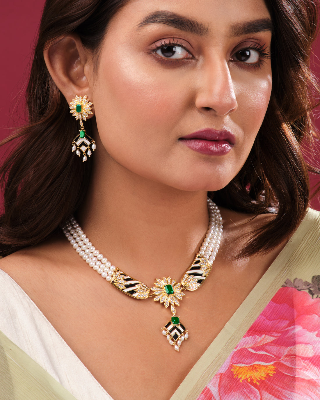 Royal Pearl Necklace with Floral Emerald Centerpiece and Matching Earrings