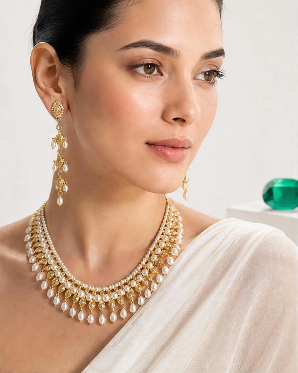 Heritage Pear-Cut Kundan & Pearl Mesh Bridal Necklace Set