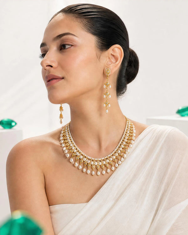 Heritage Pear-Cut Kundan & Pearl Mesh Bridal Necklace Set