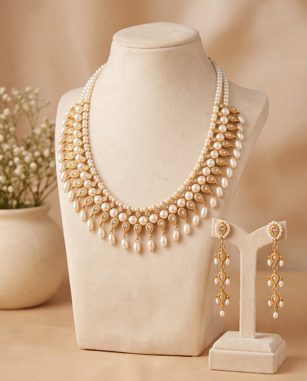 Heritage Pear-Cut Kundan & Pearl Mesh Bridal Necklace Set