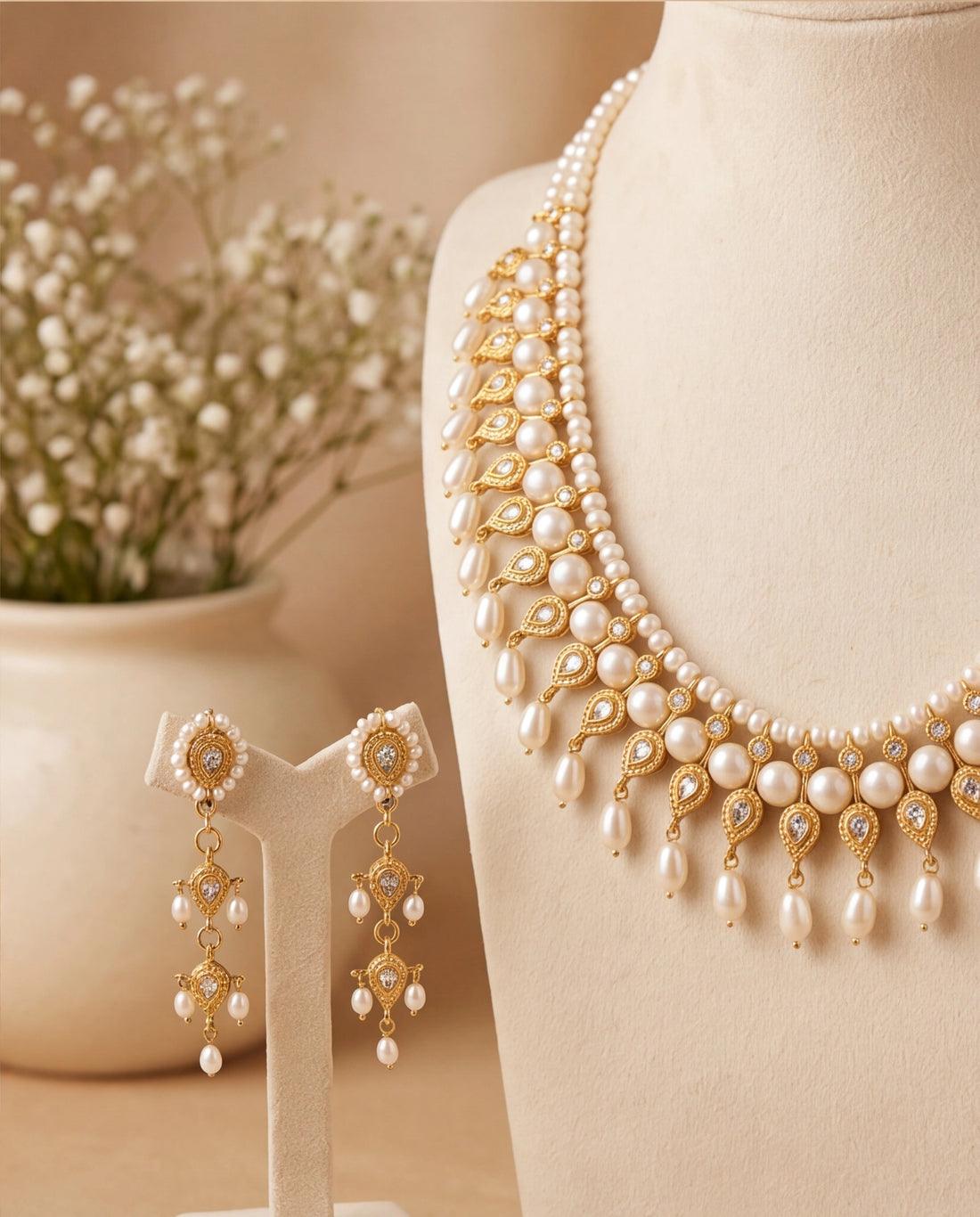 Heritage Pear-Cut Kundan & Pearl Mesh Bridal Necklace Set